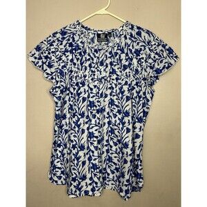 Madison Mathews  Floral Boho Ruffle Blouse Button Up 100% Cotton Blue White Med